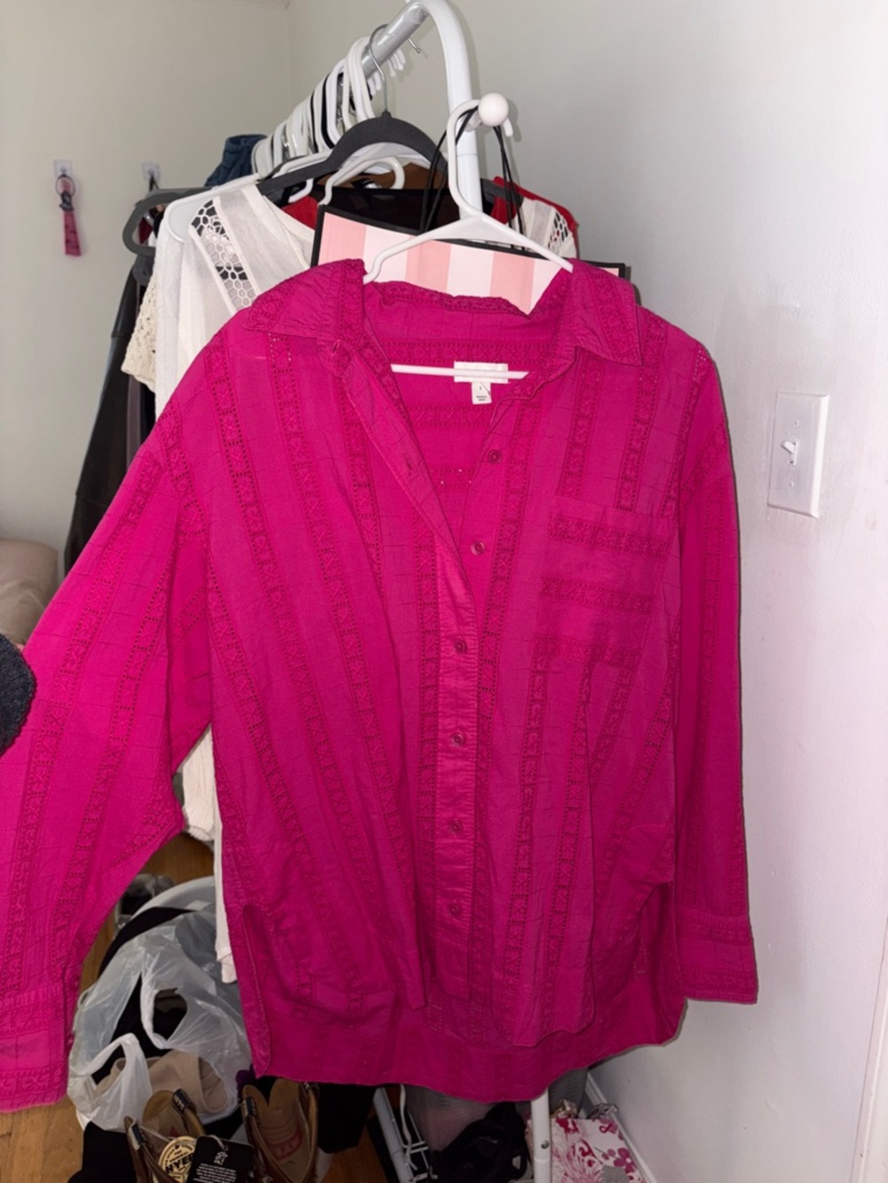Women’s Fuchsia Button-Down Eyelet Detail Shirt